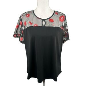 Autumn Skye Black Embroidered Floral Sheer Art to Wear Casual Top Size XL